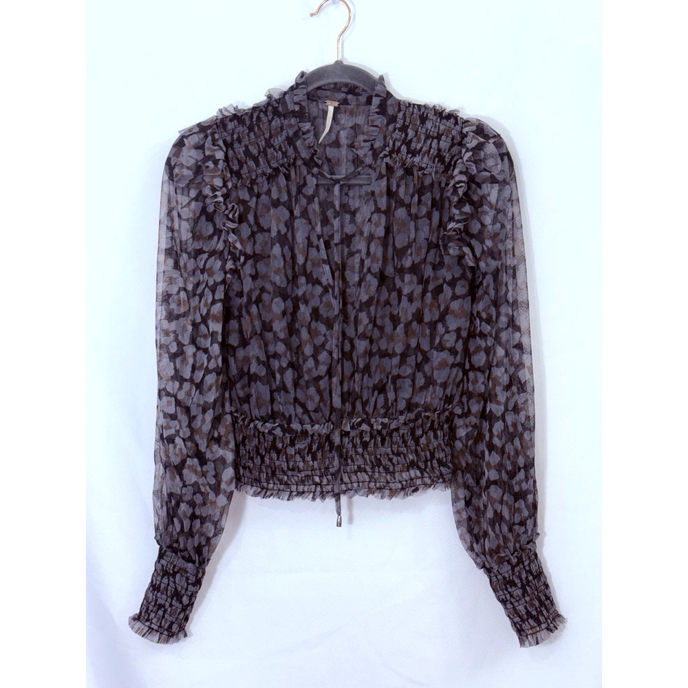 Free People Twyla Blue Black‎ Animal Print Sheer Top Crop Blouse Womens Size S